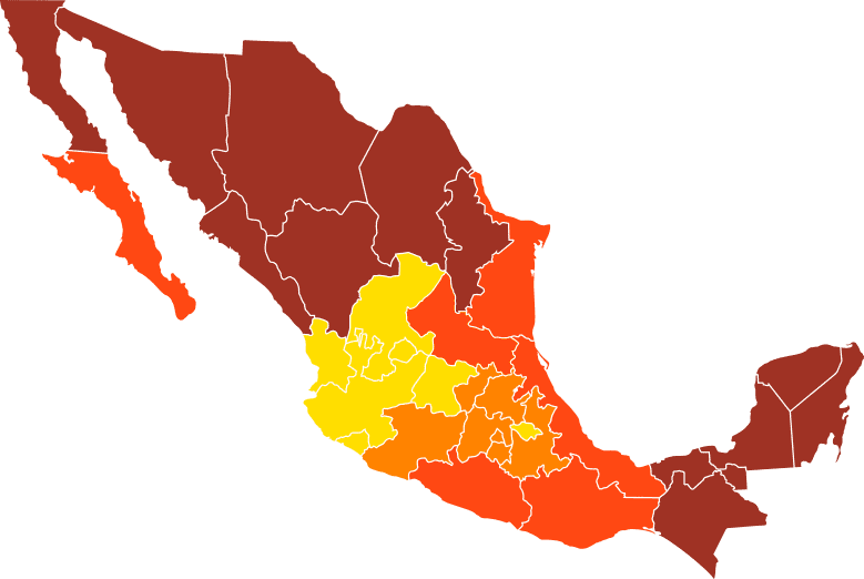 Mapa por zonas que indica la intencidad de calor en cada estado de méxico